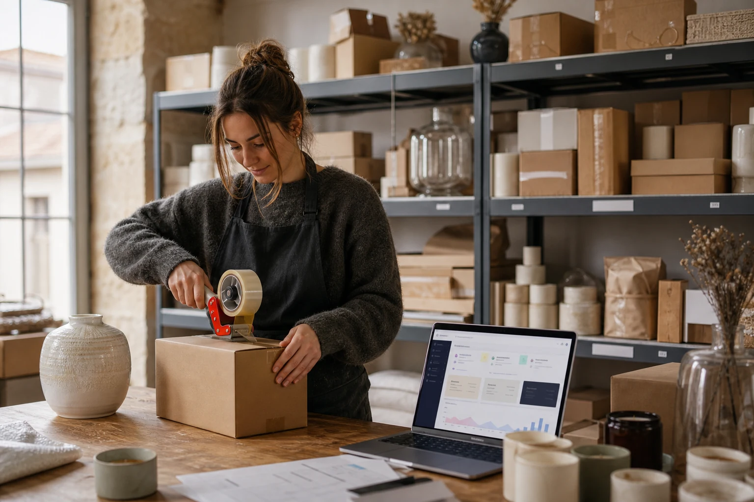 Un petit entrepôt d'une marque française de décoration Shopify à Bordeaux, des étagères remplies de commandes emballées, une personne scotchant un carton d'expédition à côté d'un ordinateur portable affichant le tableau de bord Shopify