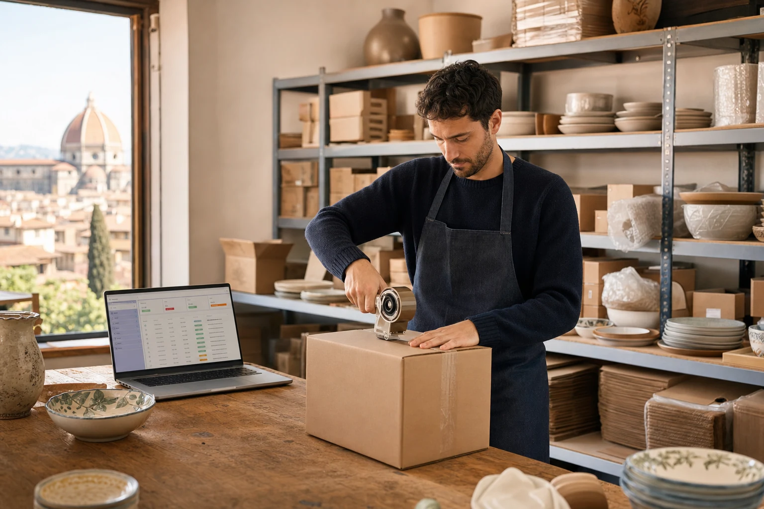 Un piccolo magazzino di un marchio italiano di ceramiche artigianali su Shopify a Firenze, scaffali pieni di ordini imballati, una persona che chiude con nastro adesivo una scatola da spedizione accanto a un laptop con la dashboard di amministrazione Shopify aperta