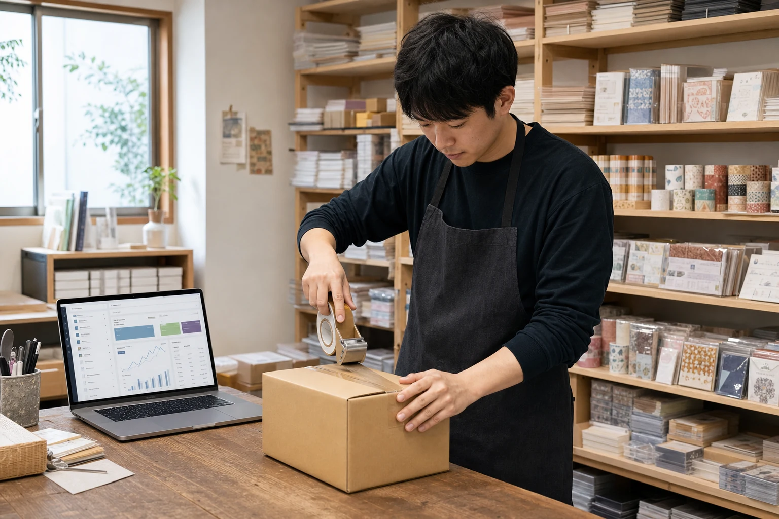 京都にある日本の文具・和紙雑貨ブランドのShopify倉庫、梱包済みの注文でいっぱいの棚、Shopify管理画面が表示されたノートパソコンの横で発送用の箱にテープを貼っている人