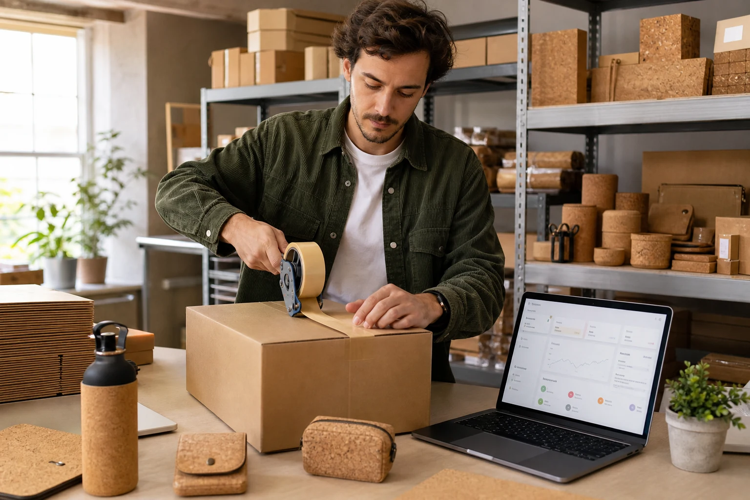 Um pequeno armazém de uma marca portuguesa de produtos de cortiça no Shopify em Aveiro, prateleiras cheias de encomendas embaladas, uma pessoa a colar fita numa caixa de envio ao lado de um portátil com o painel de administração do Shopify aberto
