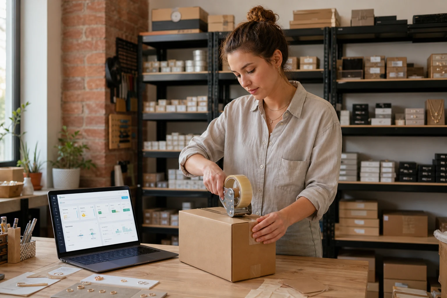 Un mic depozit al unui brand românesc de bijuterii artizanale pe Shopify în Timișoara, rafturi pline cu comenzi ambalate, o persoană lipind cu bandă adezivă o cutie de expediere lângă un laptop cu panoul de administrare Shopify deschis