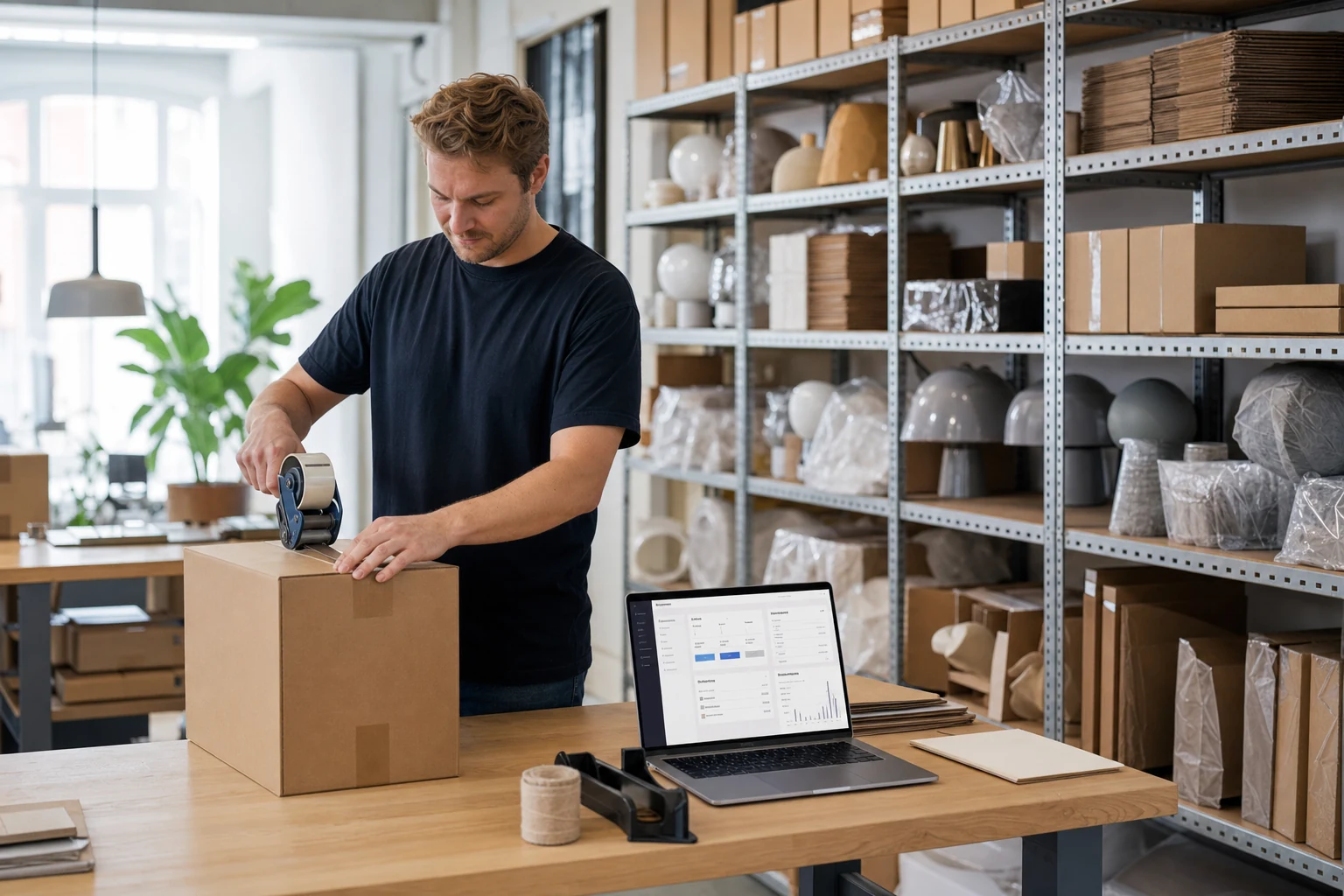 Ett litet lager för ett svenskt möbel- och belysningsmärke på Shopify i Malmö, hyllor fulla med packade beställningar, en person som tejpar igen en fraktkartong bredvid en laptop med Shopifys adminpanel öppen