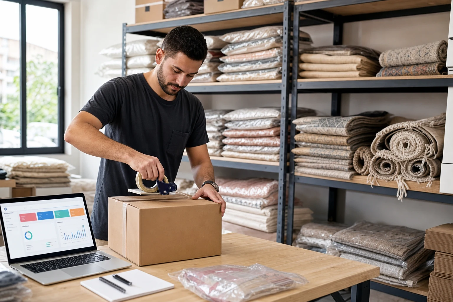 Denizli'de bir Türk tekstil markasının Shopify deposu, paketlenmiş siparişlerle dolu raflar, Shopify yönetim panelinin açık olduğu bir dizüstü bilgisayarın yanında bir kargo kutusunu bantlayan bir kişi