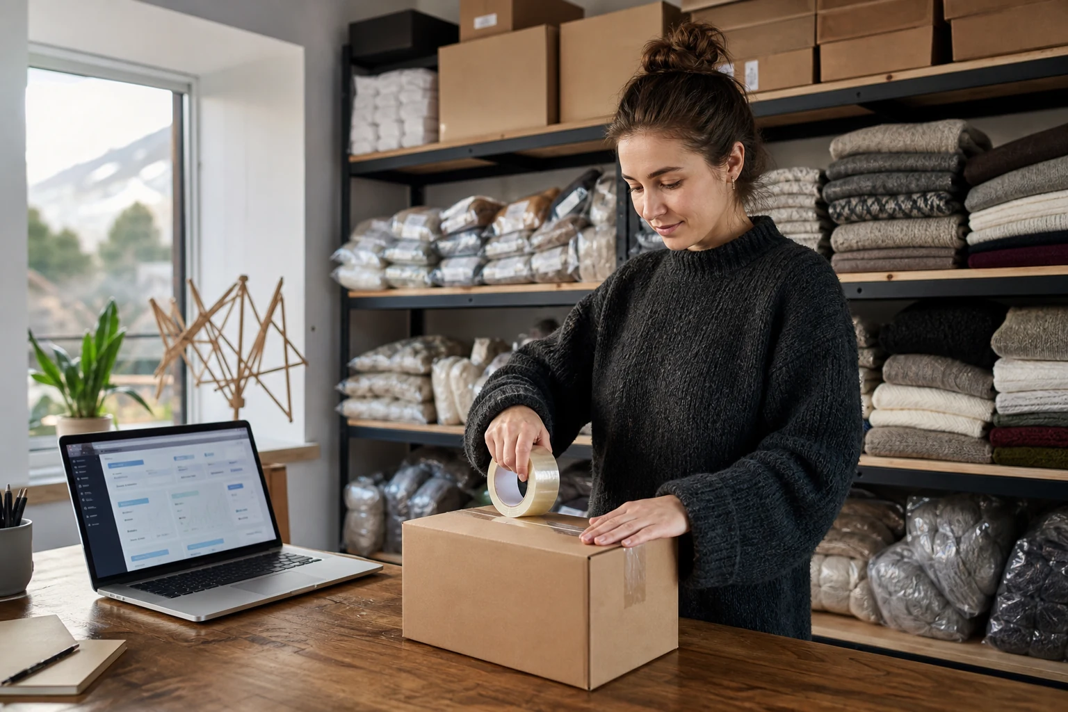 Невеликий склад українського бренду карпатських вовняних виробів на Shopify в Івано-Франківську, полиці, заповнені запакованими замовленнями, людина заклеює скотчем коробку для відправлення біля ноутбука з відкритою адмін-панеллю Shopify