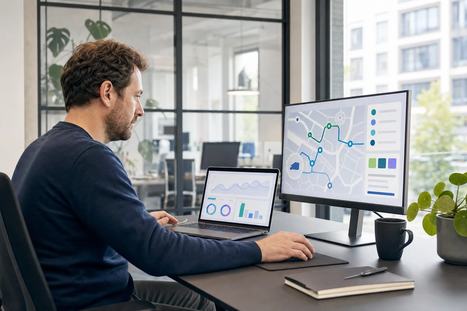 W-8BEN-E für Stripe — ein kleines SaaS-Büro in Stuttgart, eine Person am Laptop mit einem abstrakten Stripe-Auszahlungs-Dashboard auf dem Bildschirm, ein zweiter Monitor zeigt eine Produkt-Oberfläche