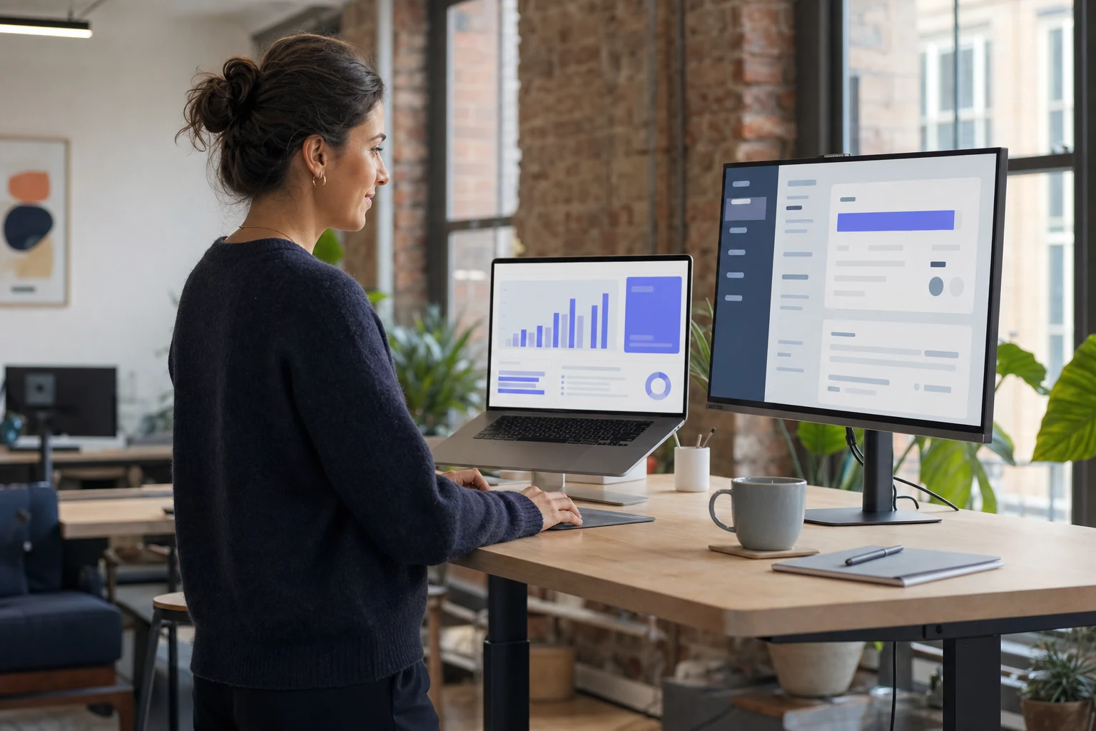 W-8BEN-E for Stripe — a small SaaS office in Leeds, a founder at a laptop with an abstract Stripe payout dashboard on screen, a second monitor showing a product interface mockup