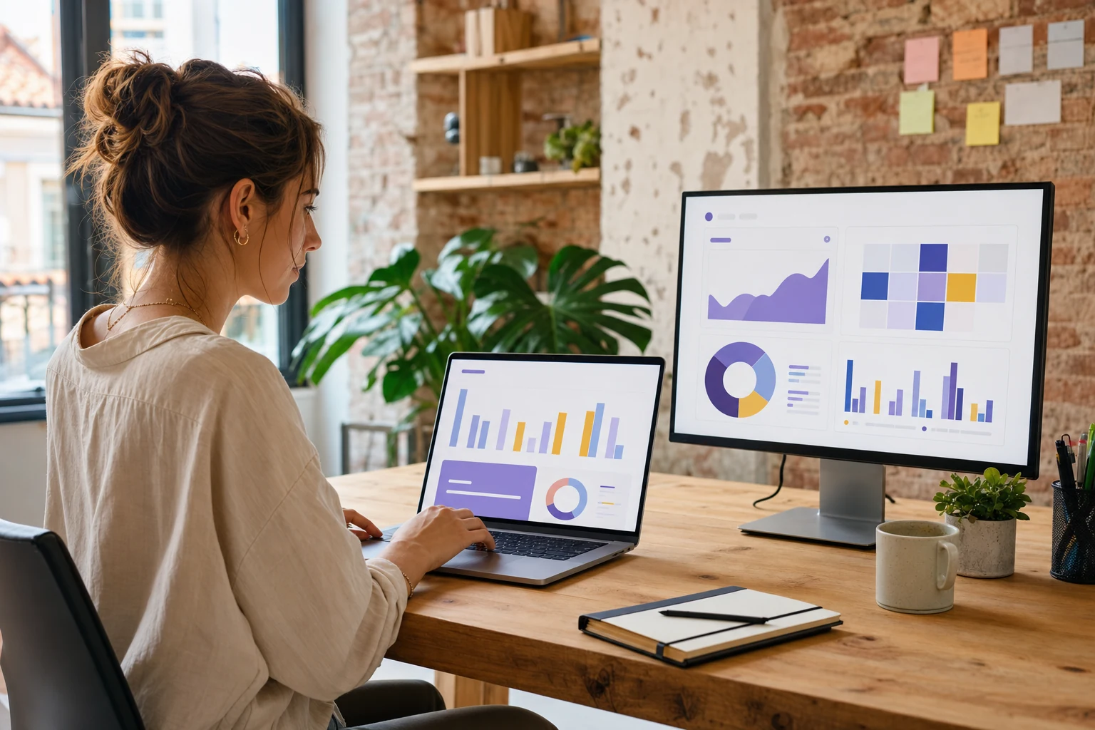 W-8BEN-E pour Stripe — un petit bureau d'agence numérique à Toulouse, une personne au poste de travail avec un tableau de bord Stripe abstrait à l'écran, un second écran affichant une maquette d'interface produit