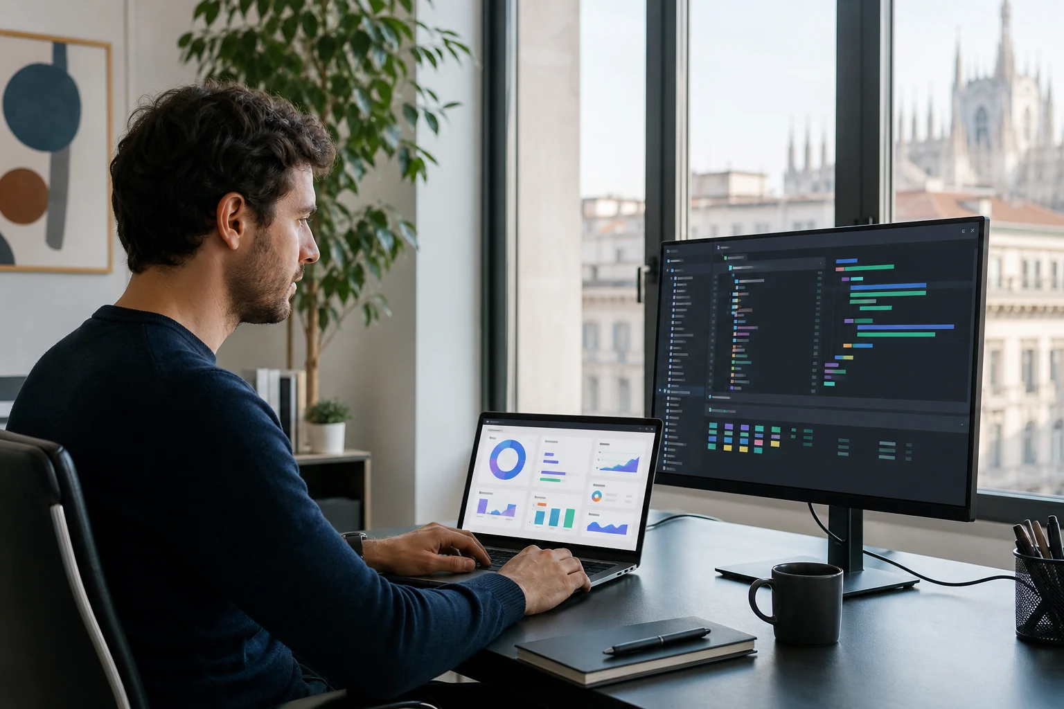 W-8BEN-E per Stripe — un piccolo ufficio SaaS a Milano, una persona al portatile con una dashboard di pagamenti Stripe astratta sullo schermo, un secondo monitor mostra un mockup di interfaccia prodotto
