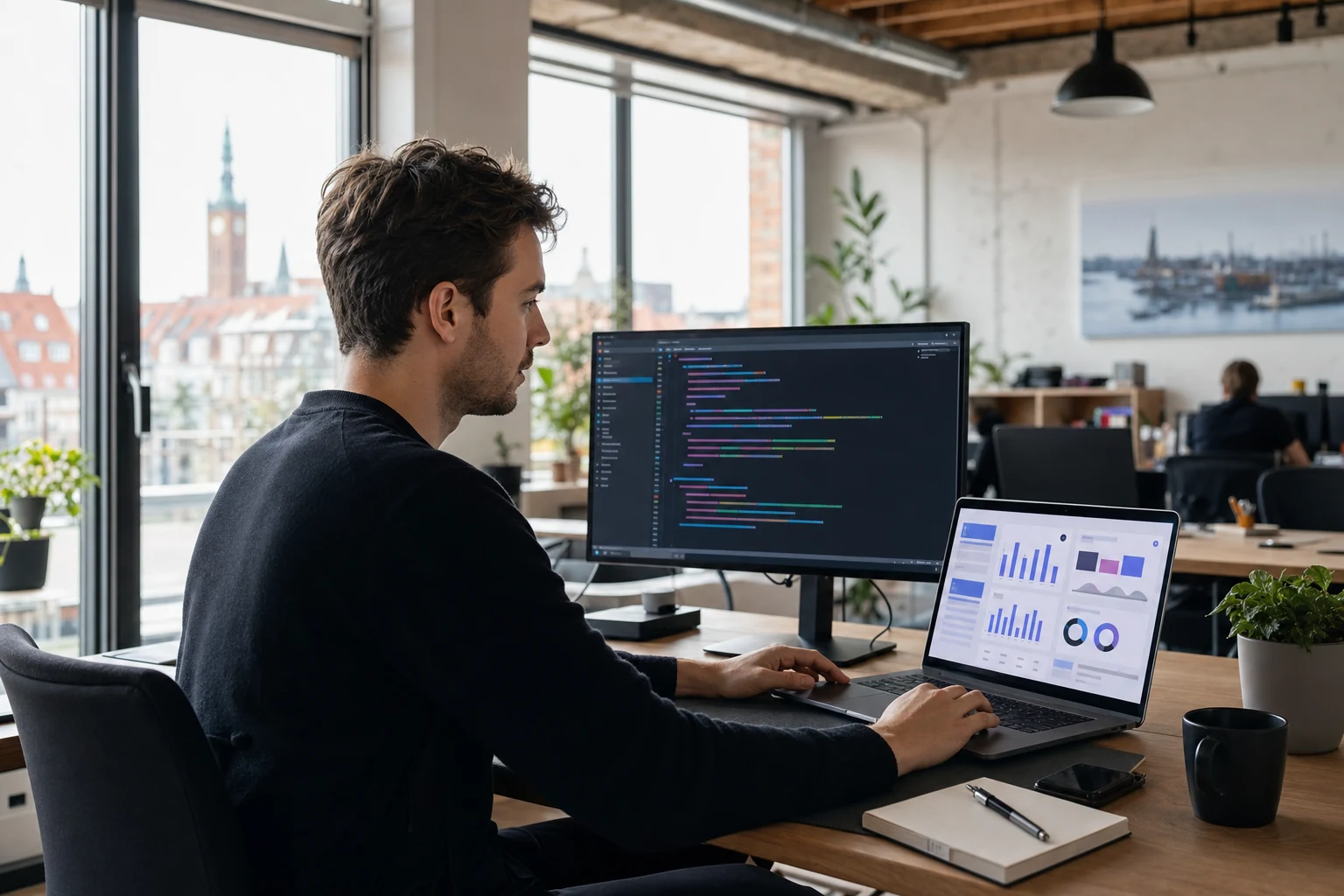 W-8BEN-E dla Stripe — małe biuro software house w Gdańsku, osoba przy laptopie z abstrakcyjnym panelem wypłat Stripe na ekranie, drugi monitor pokazuje makietę interfejsu produktu