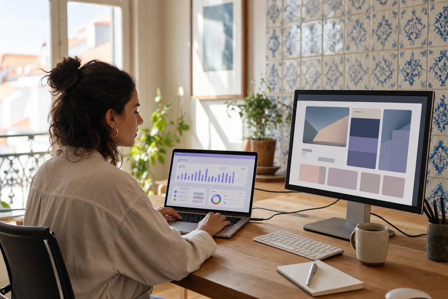 W-8BEN-E para o Stripe — um pequeno escritório de agência digital em Lisboa, uma pessoa ao computador portátil com um painel de pagamentos Stripe abstrato no ecrã, um segundo monitor mostrando uma maquete de interface de produto