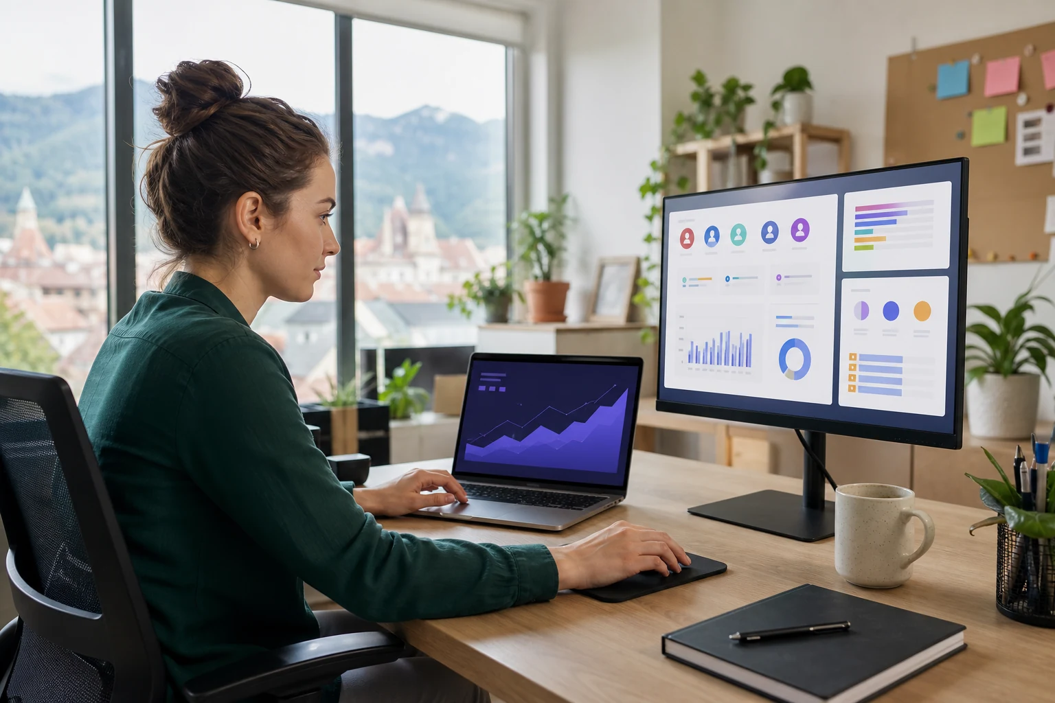 W-8BEN-E pentru Stripe — un birou mic de SaaS la Brașov, o persoană la laptop cu un tablou de bord Stripe abstract pe ecran, un al doilea monitor afișând un mockup de interfață a produsului