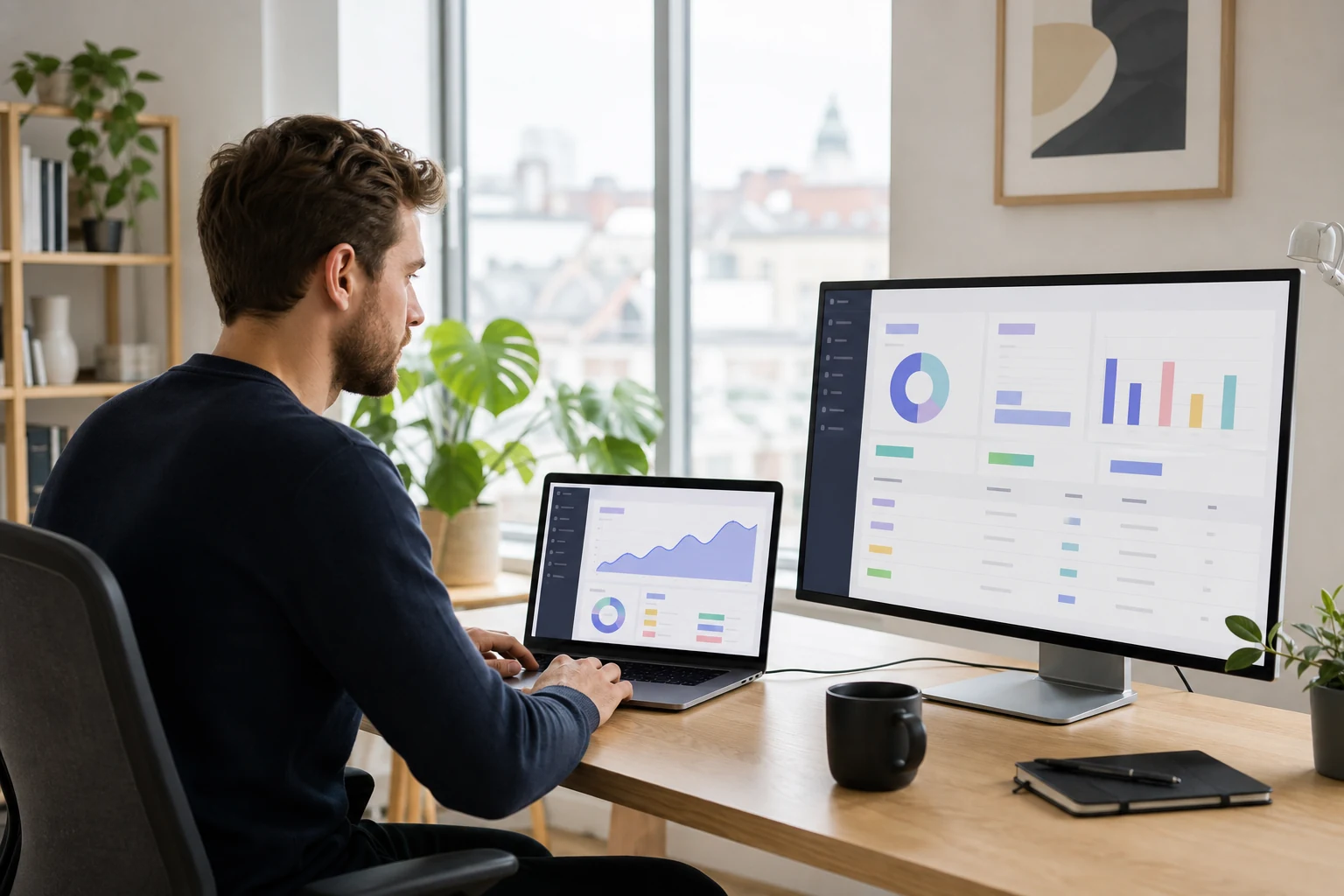 W-8BEN-E för Stripe — ett litet SaaS-kontor i Linköping, en person vid en bärbar dator med en abstrakt Stripe-utbetalningspanel på skärmen, en andra skärm visar en mockup av en produktgränssnitt