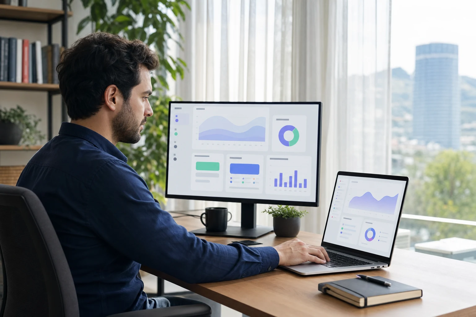 Stripe için W-8BEN-E — Bursa'da küçük bir SaaS ofisi, ekranda soyut bir Stripe ödeme panosu bulunan dizüstü bilgisayar başında bir kişi, ikinci monitörde ürün arayüzü taslağı gösteriliyor