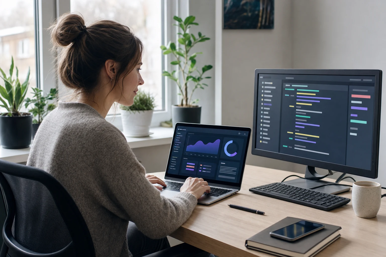 W-8BEN-E для Stripe — невеликий офіс аутсорсингової software-компанії в Чернігові, людина за ноутбуком з абстрактною панеллю виплат Stripe на екрані, поруч другий монітор з макетом інтерфейсу продукту