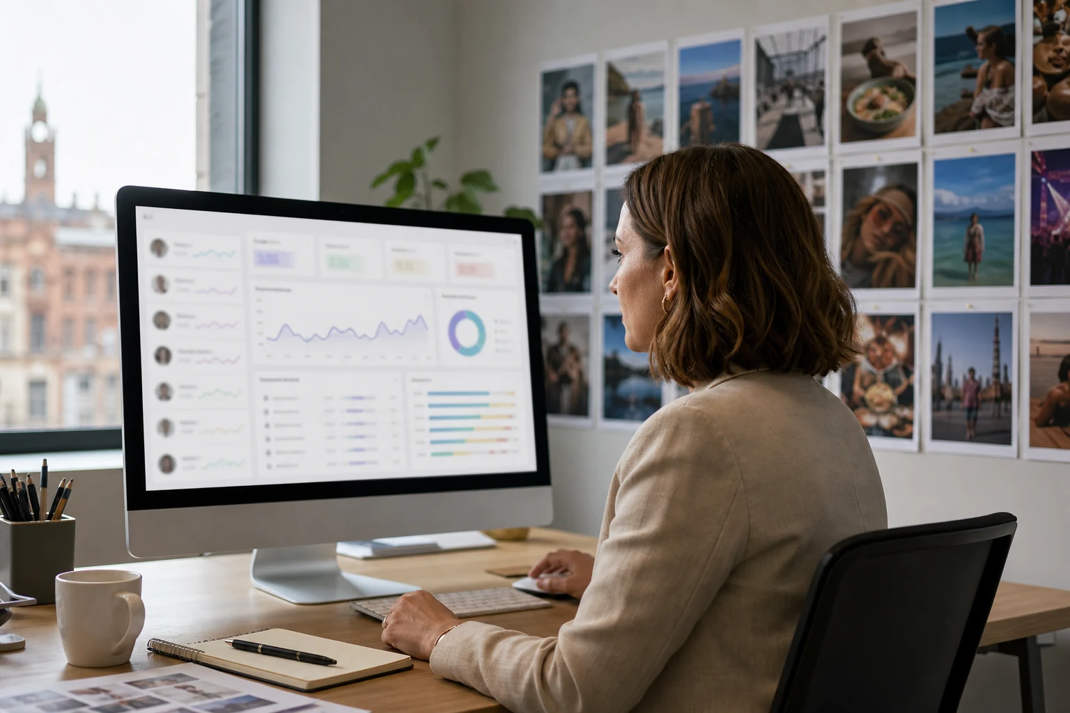W-8BEN-E for TikTok MCNs — an operations manager at a talent management company in Cardiff reviewing a multi-creator earnings and rights dashboard on a large screen, a wall of printed vertical video thumbnails arranged in a grid behind her