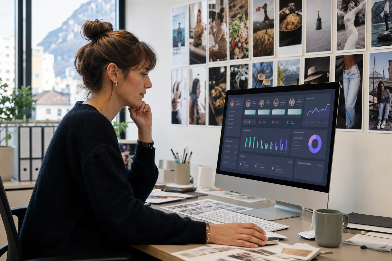 W-8BEN-E pour les MCN TikTok — une responsable des opérations d'une agence de talents à Grenoble consultant un tableau de bord des revenus et des droits de plusieurs créateurs sur un grand écran, avec un mur de vignettes vidéo verticales imprimées disposées en grille derrière elle