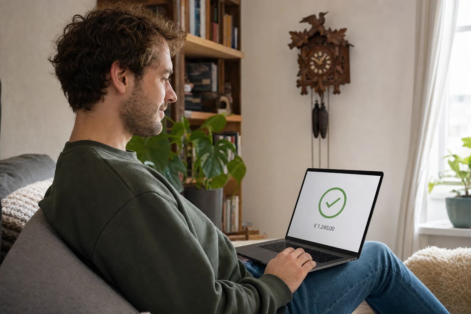 W-8BEN für Freelancer — eine Freiberuflerin entspannt auf dem Sofa mit einem Laptop, der eine Zahlungsbestätigung zeigt, im Hintergrund eine Kuckucksuhr an der Wand