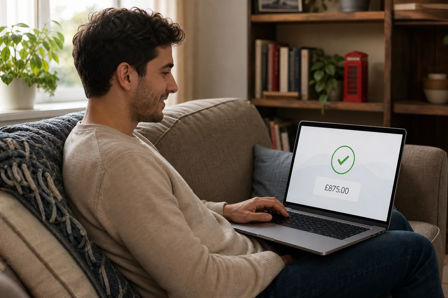 W-8BEN for freelancers — a freelancer relaxing on a couch with a laptop showing a payment-received confirmation, a small red telephone box figurine on a shelf behind them