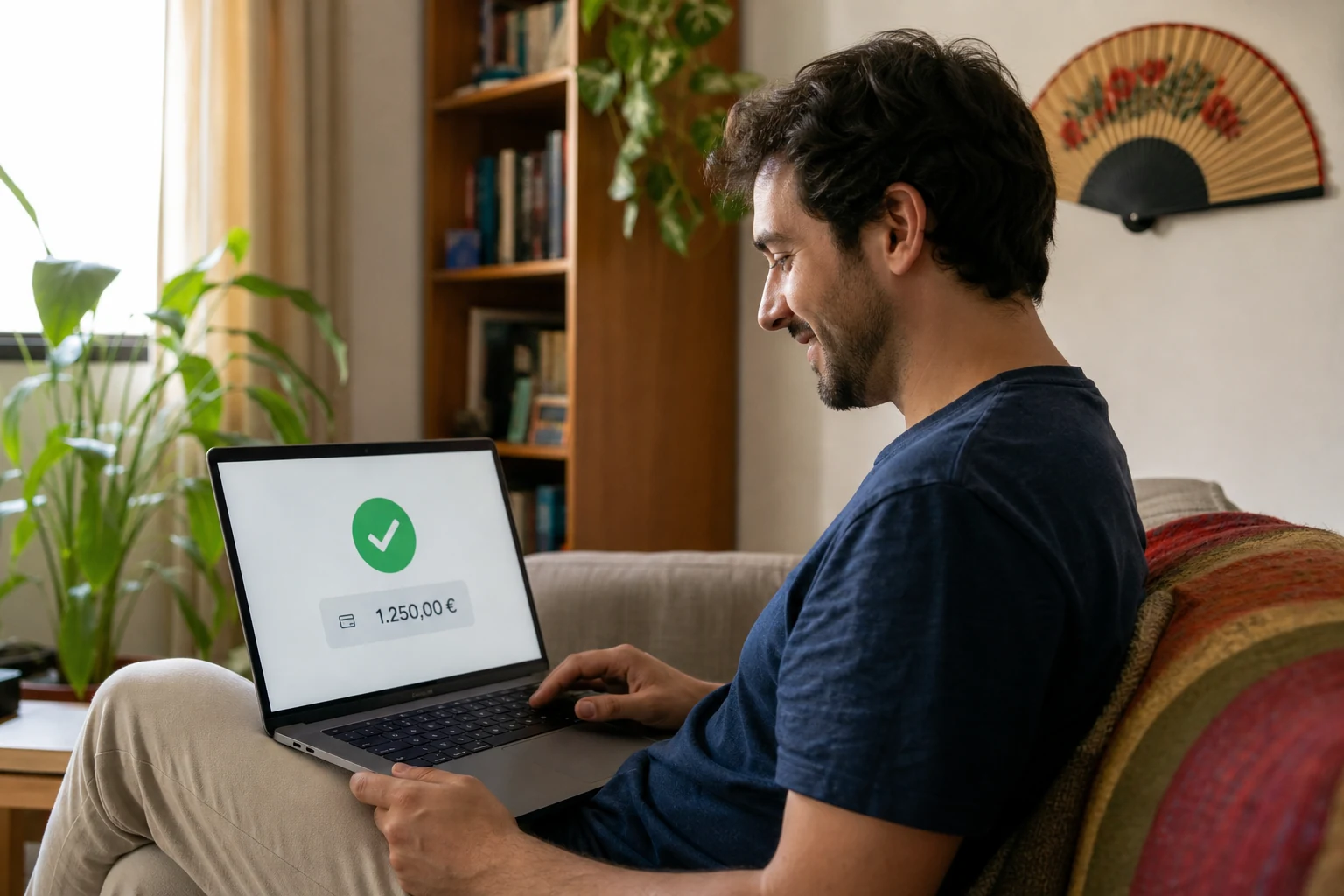 W-8BEN para freelancers — una freelance relajada en el sofá con un portátil que muestra una confirmación de pago, un abanico flamenco decorativo en la pared detrás de ella