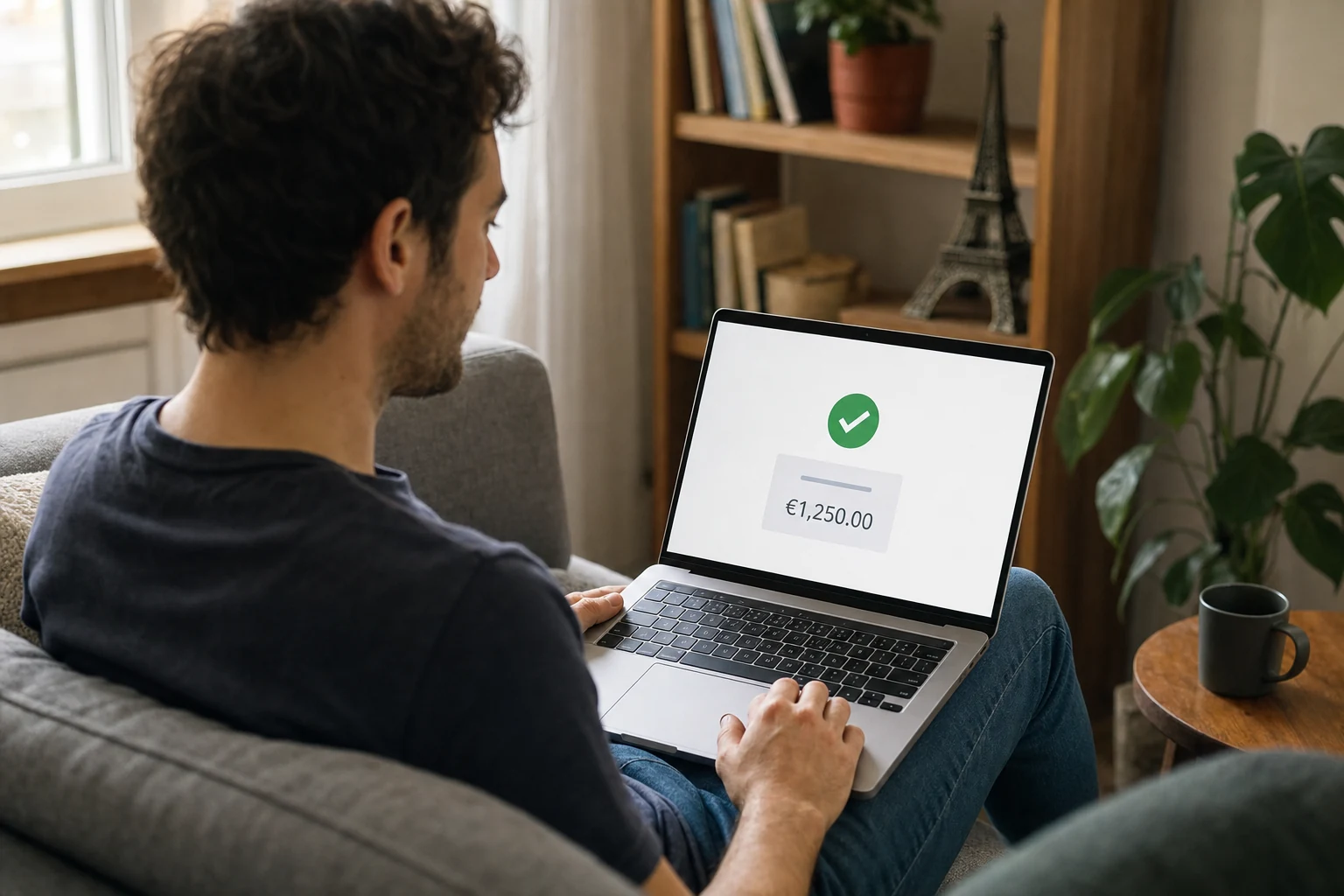 W-8BEN pour freelances — une freelance détendue sur un canapé avec un ordinateur portable affichant une confirmation de paiement, une petite figurine de la tour Eiffel sur une étagère derrière elle