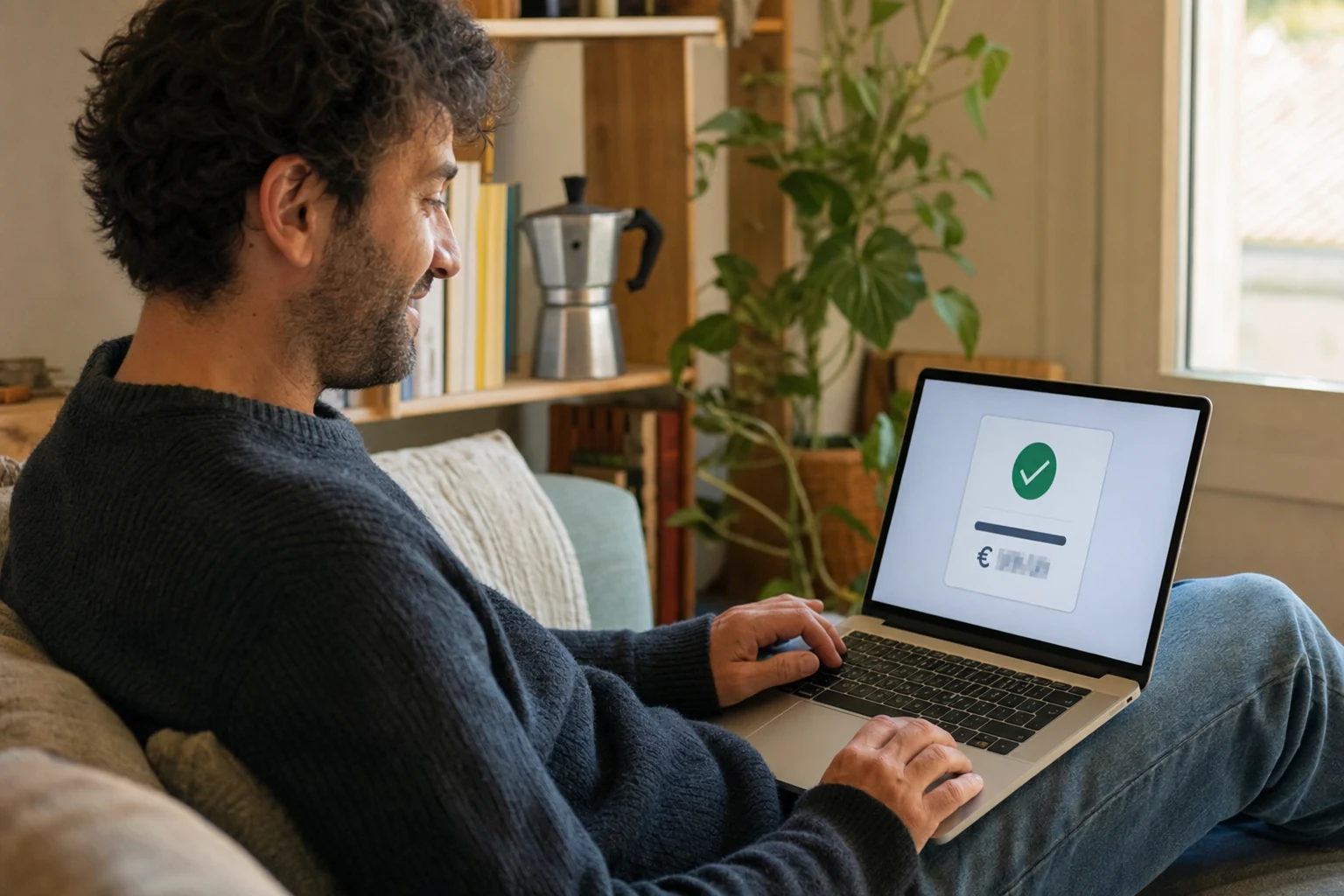 W-8BEN per freelance — un freelance rilassato sul divano con un laptop che mostra una conferma di pagamento, una piccola moka da caffè su una mensola alle sue spalle