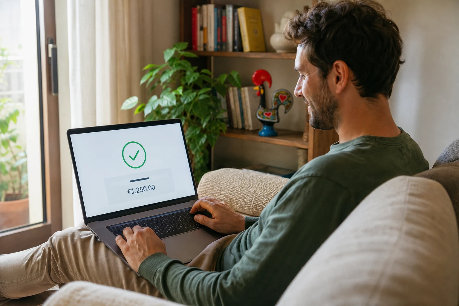 W-8BEN para freelancers — um freelancer relaxado no sofá com um portátil a mostrar uma confirmação de pagamento, uma figura do Galo de Barcelos numa prateleira atrás dele