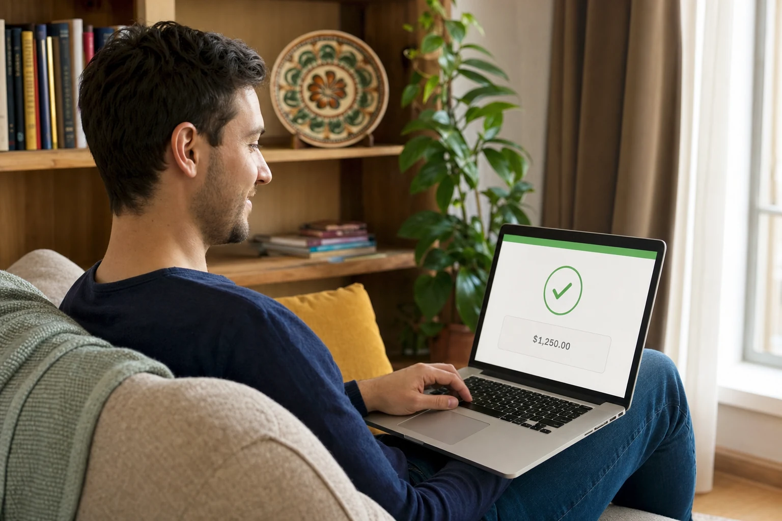 W-8BEN pentru freelanceri — o freelancer relaxată pe canapea cu un laptop care afișează o confirmare de plată, o farfurie pictată de la Horezu pe un raft în spatele ei