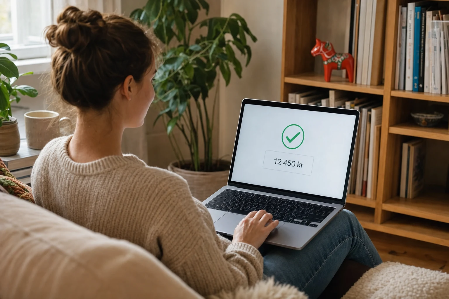 W-8BEN för frilansare — en frilansare som kopplar av i soffan med en laptop som visar en betalningsbekräftelse, en dalahäst på en hylla bakom henne