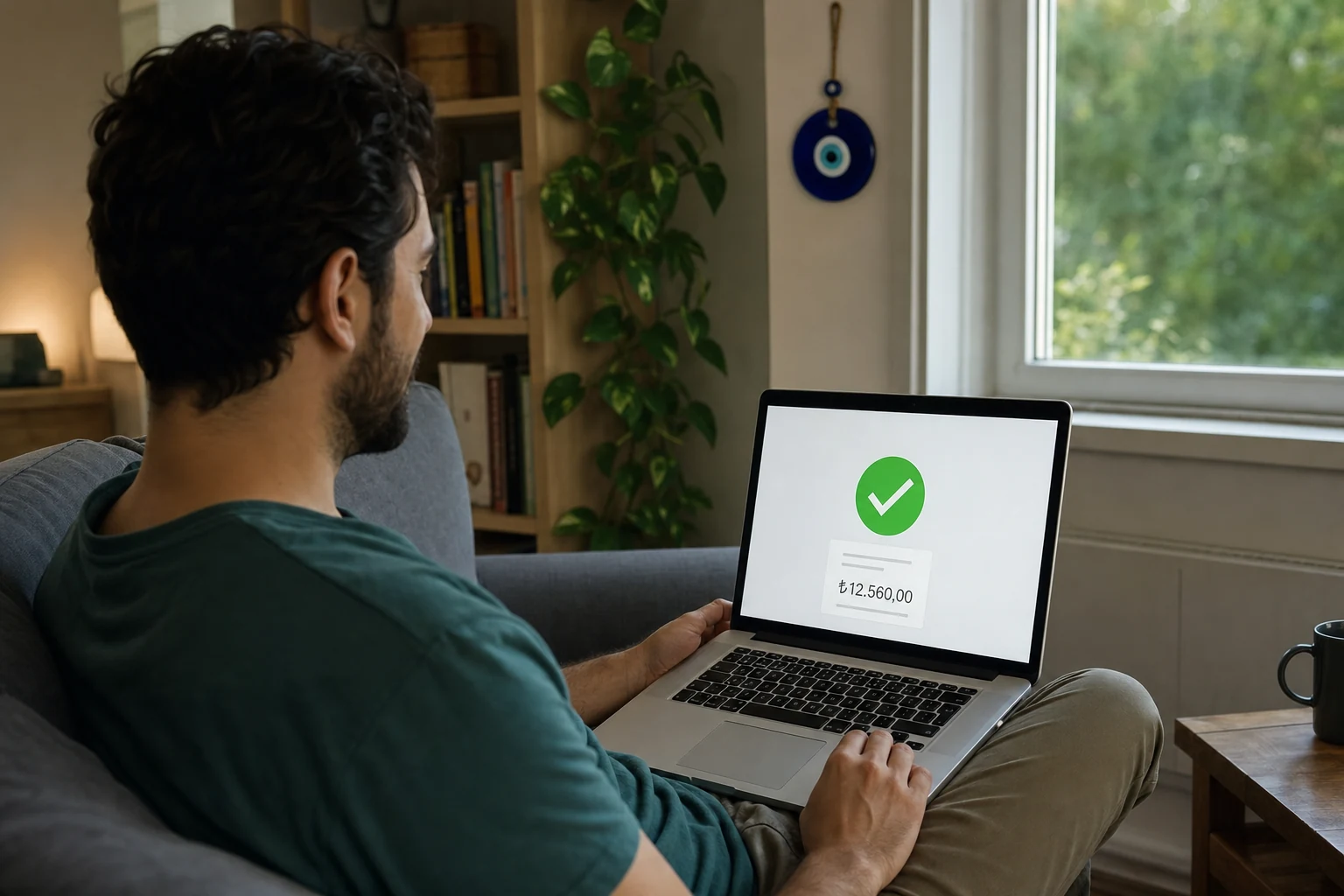 Freelancerlar için W-8BEN — kanepede rahatlamış, ödeme onayı gösteren dizüstü bilgisayarıyla bir freelancer, arkasındaki rafta küçük bir nazar boncuğu