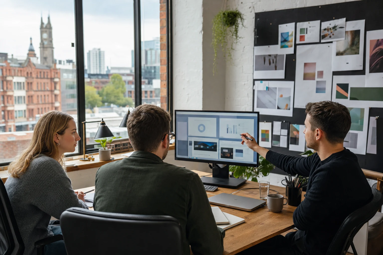 W-8BEN-E for Upwork agencies — a small creative agency office in Leeds, a team reviewing a project brief around a shared monitor showing an Upwork contract dashboard