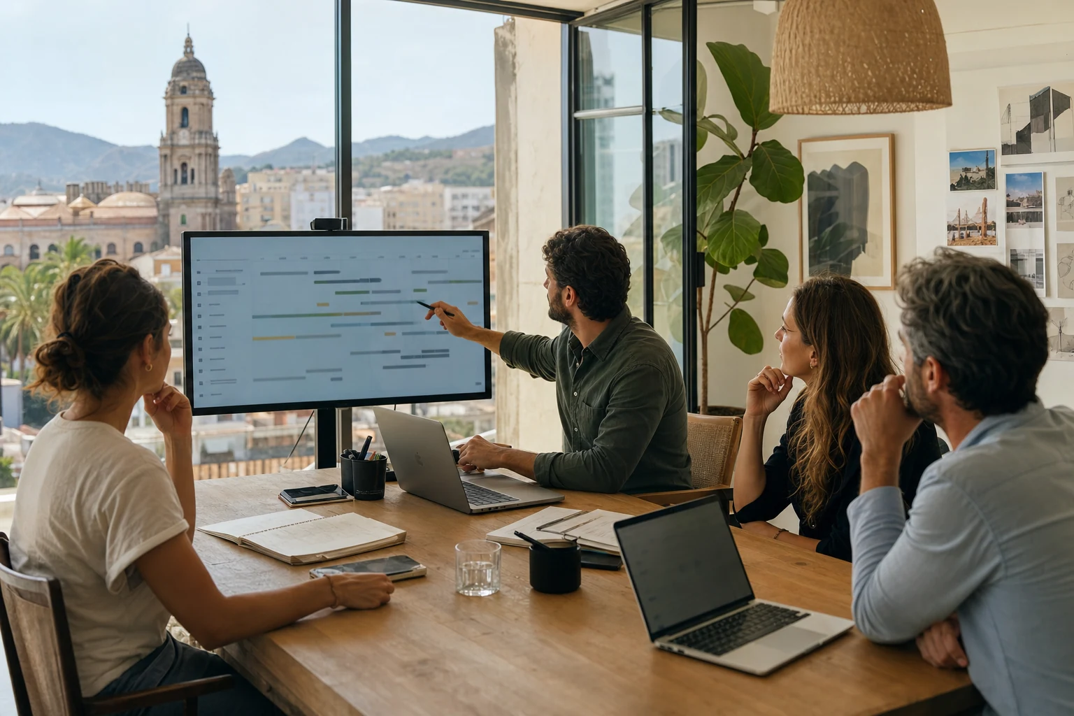 W-8BEN-E para agencias en Upwork — una pequeña oficina de consultoría en Málaga, un equipo revisando un plan de proyecto alrededor de una pantalla compartida con un panel de contratos de Upwork