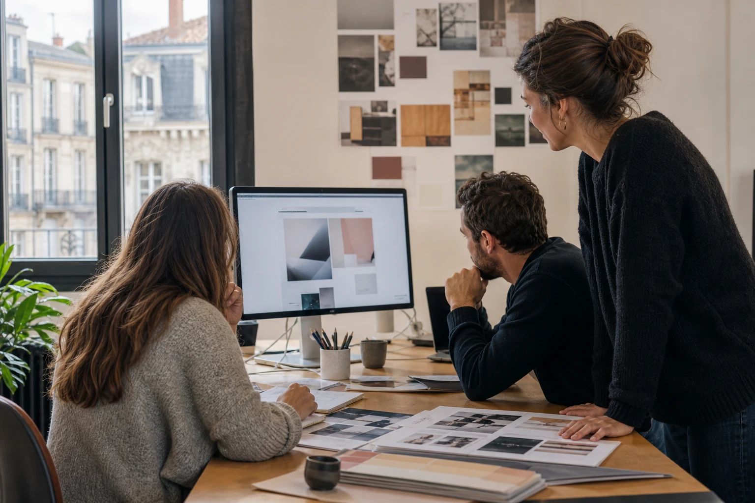W-8BEN-E pour agences sur Upwork — un petit bureau d'agence de design à Bordeaux, une équipe examinant une maquette de site autour d'un écran partagé affichant un tableau de bord de contrats Upwork