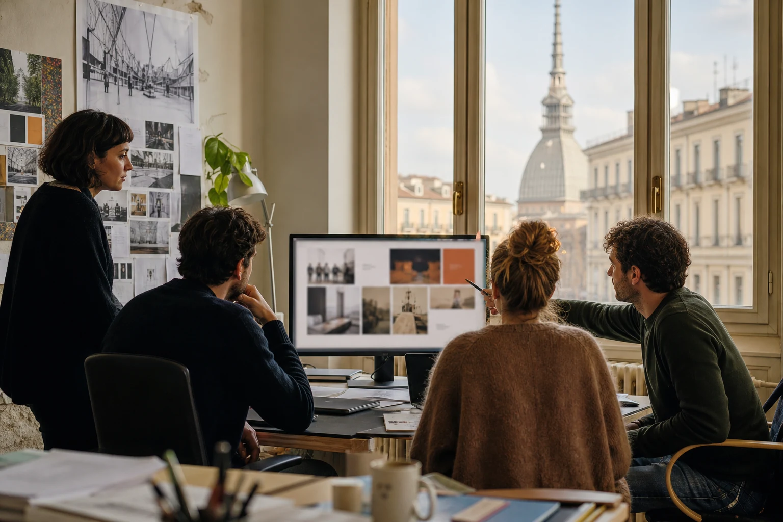 W-8BEN-E per agenzie su Upwork — un piccolo ufficio di agenzia creativa a Torino, un team che esamina un brief di campagna attorno a uno schermo condiviso con una dashboard di contratti Upwork