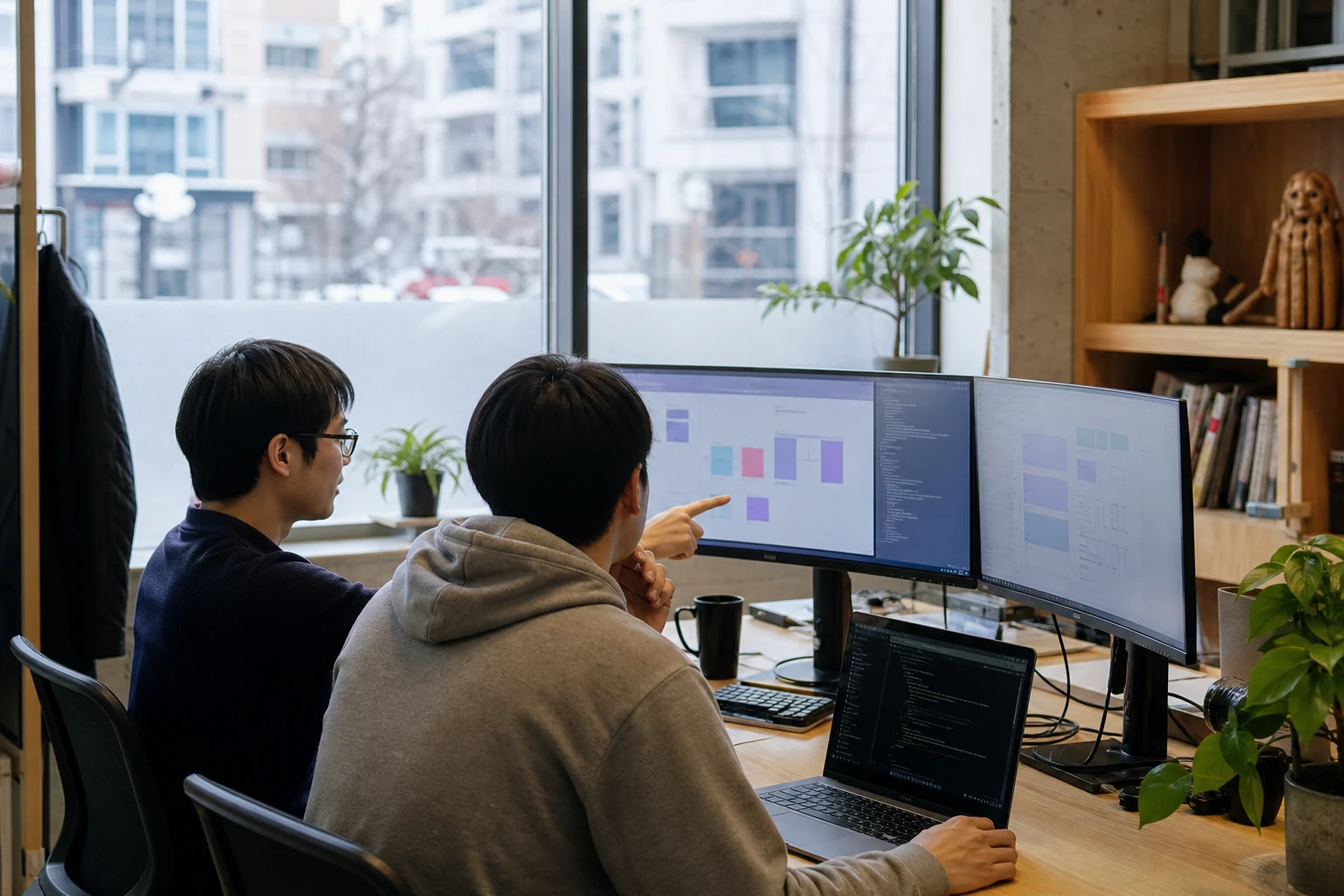 Upworkエージェンシー向けW-8BEN-E — 札幌にある小規模な開発スタジオのオフィス、チームがUpworkの契約ダッシュボードが映る共有モニターの前でプロジェクトボードを確認している様子