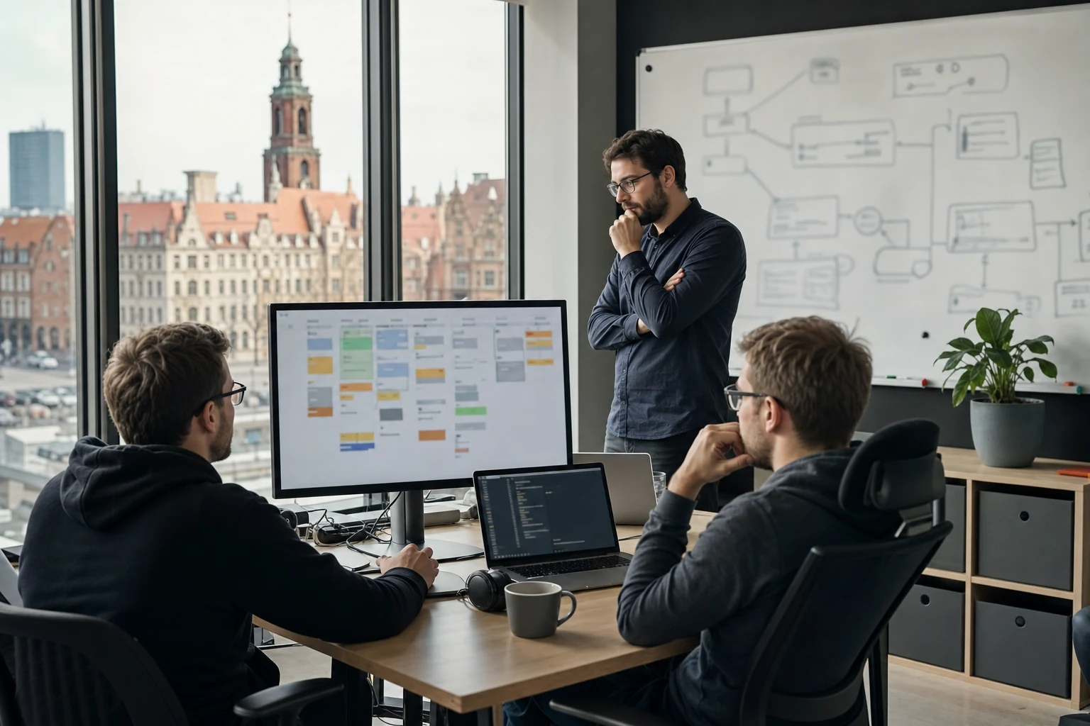 W-8BEN-E dla agencji na Upwork — małe biuro software house we Wrocławiu, zespół omawia tablicę projektu wokół wspólnego monitora z pulpitem kontraktów Upwork