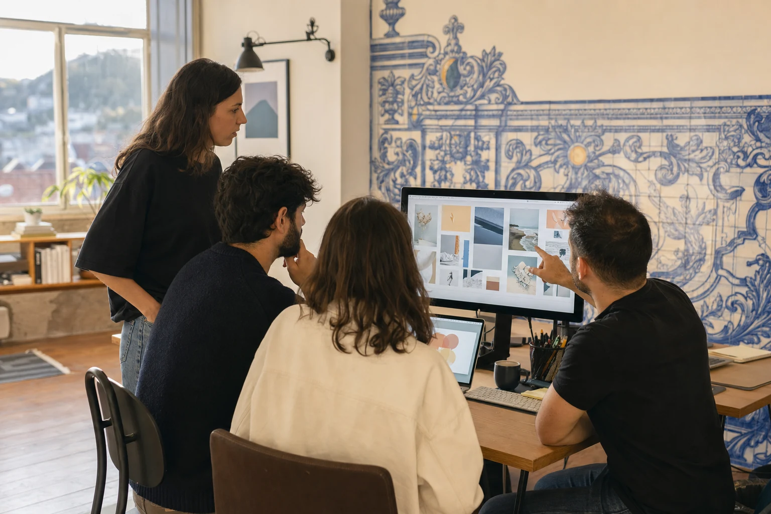 W-8BEN-E para agências no Upwork — um pequeno escritório de agência de marketing em Coimbra, uma equipa a rever um briefing de campanha à volta de um ecrã partilhado com um painel de contratos do Upwork