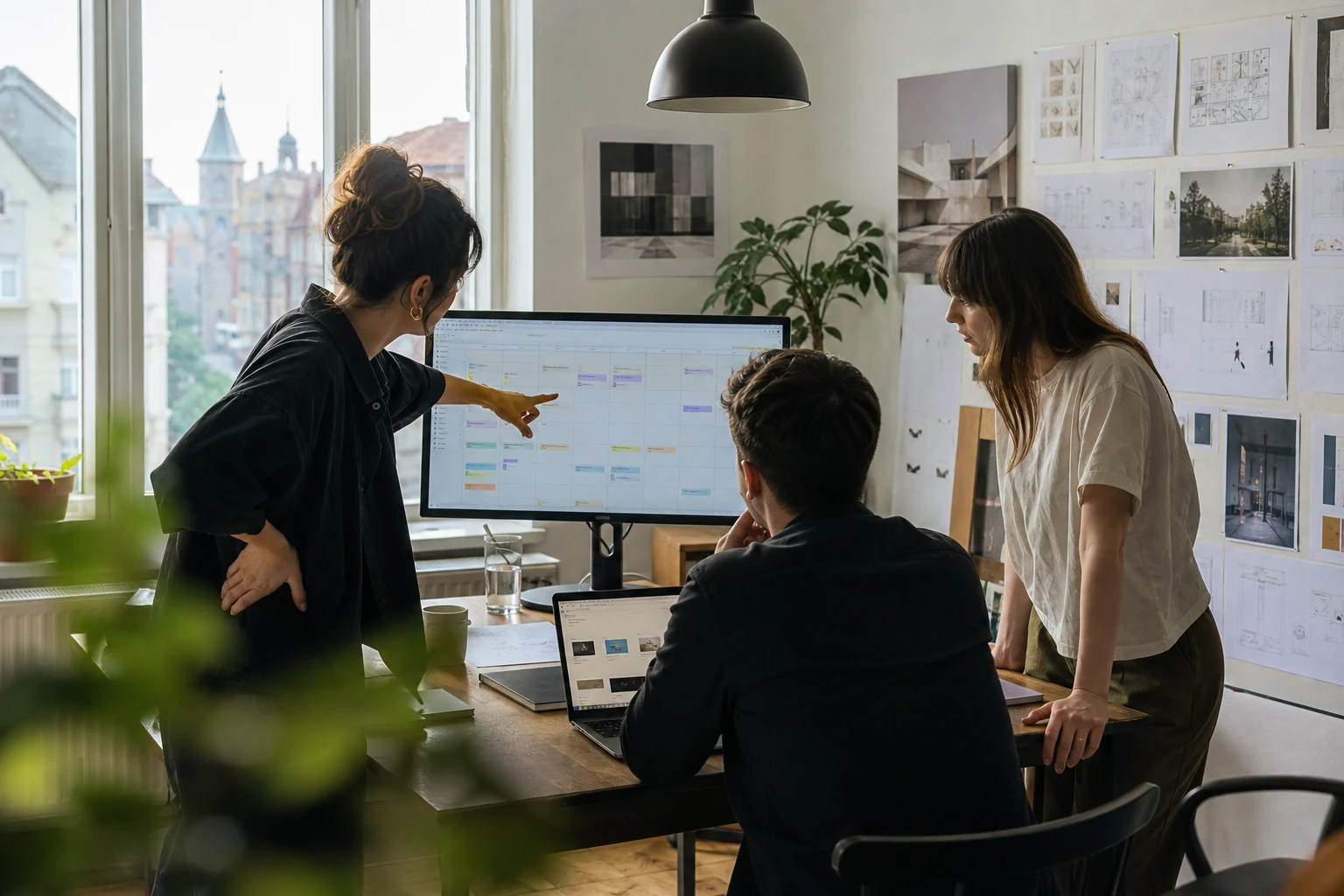 W-8BEN-E pentru agenții pe Upwork — un mic birou de studio de design în Timișoara, o echipă analizează un brief de proiect în jurul unui monitor comun cu un tablou de bord de contracte Upwork
