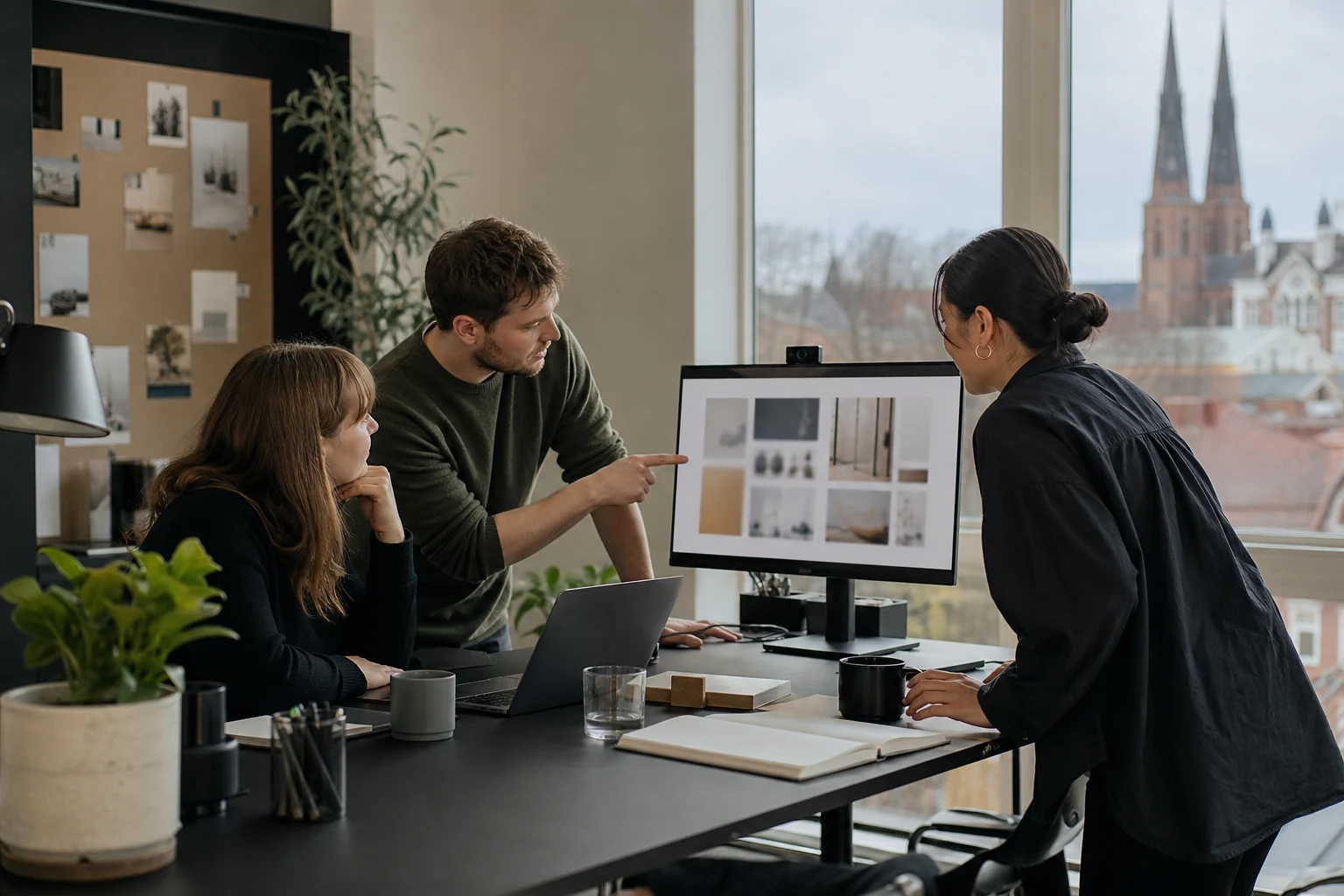 W-8BEN-E för Upwork-byråer — en liten designstudio i Uppsala, ett team går igenom en projektplan runt en delad skärm som visar en Upwork-avtalspanel