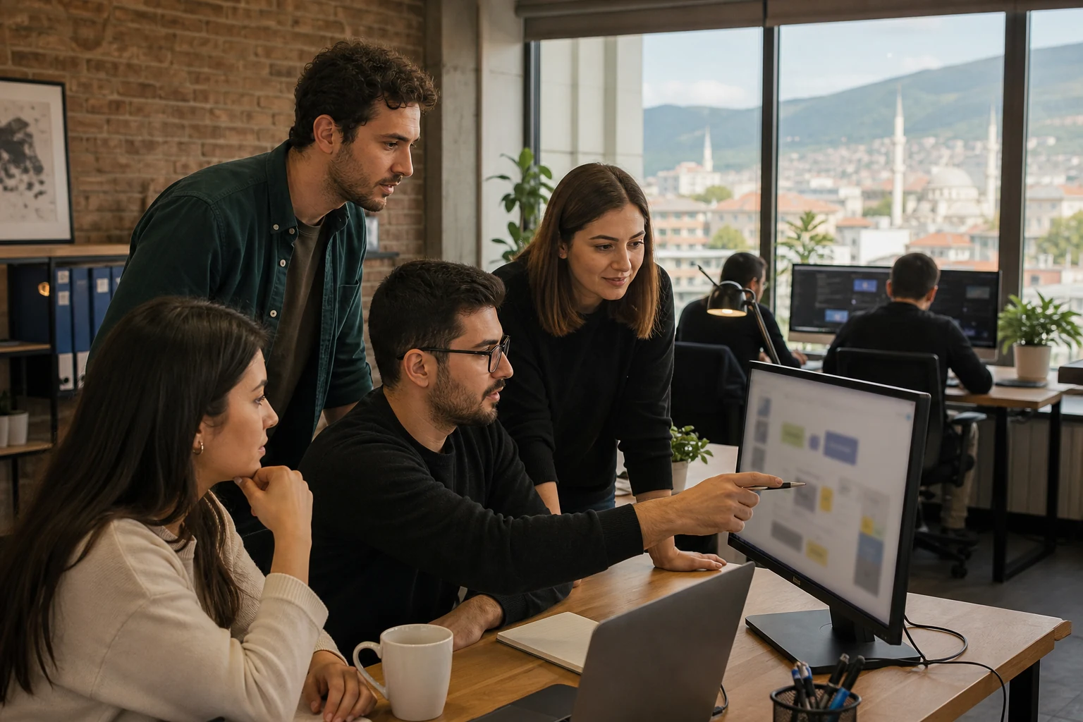 W-8BEN-E Upwork ajansları için — Bursa'da küçük bir dış kaynak ajansı ofisi, bir ekip Upwork sözleşme panelinin göründüğü ortak bir ekranın etrafında proje planını gözden geçiriyor
