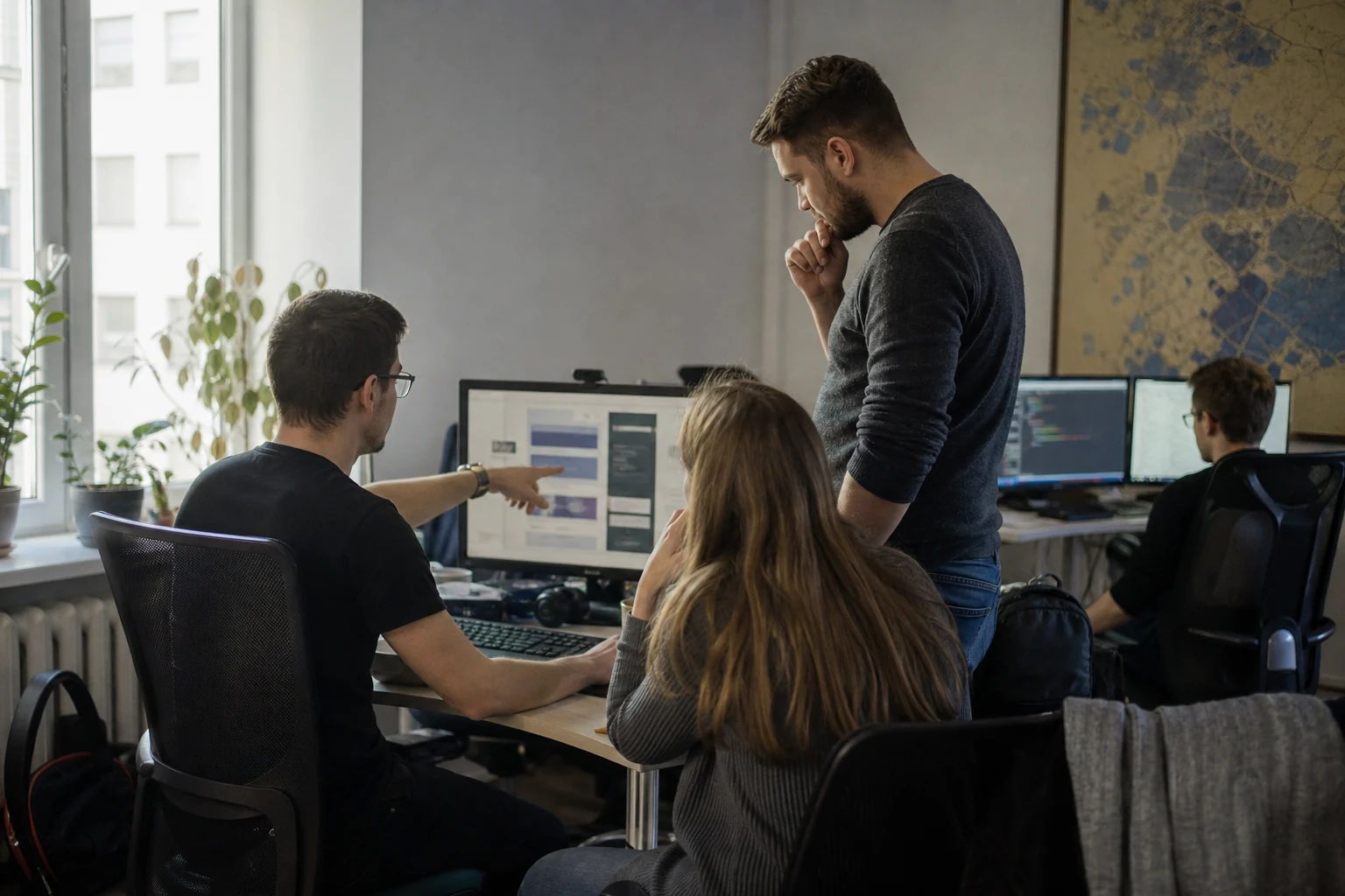 W-8BEN-E для агенцій на Upwork — невеликий офіс аутсорсингової студії у Харкові, команда обговорює проєктну дошку навколо спільного монітора з панеллю контрактів Upwork