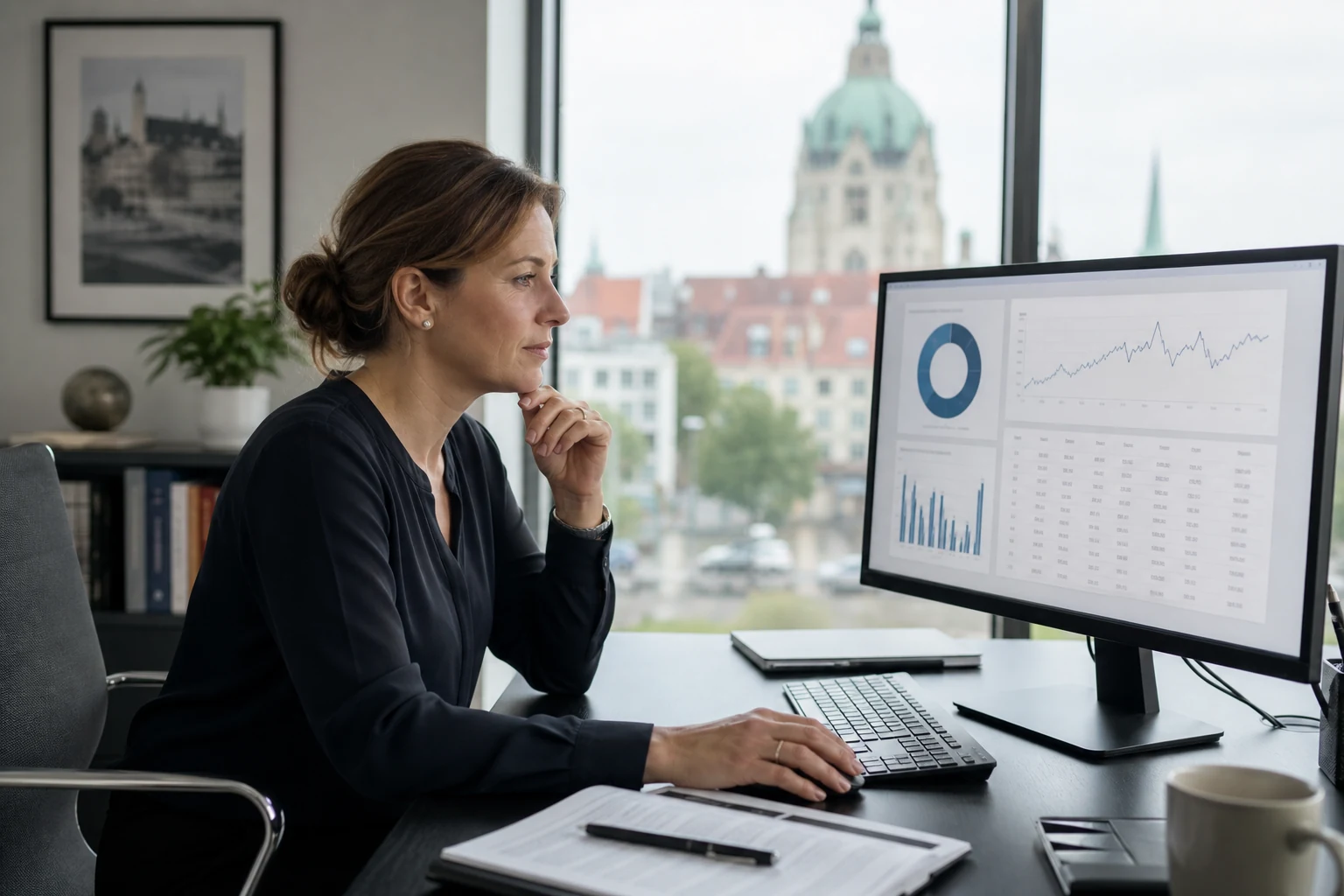 W-8BEN-E für Investoren — ein Finanzleiter einer kleinen Kapitalanlage-Holding in Hannover prüft ein Broker-Portfolio-Dashboard mit einer Dividendenauszahlungstabelle auf einem Desktop-Monitor