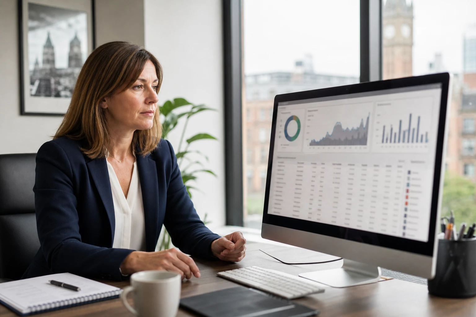 W-8BEN-E for investors — a finance director at a small investment holding company in Manchester reviewing a broker portfolio dashboard with a dividend-payout table on a desktop monitor