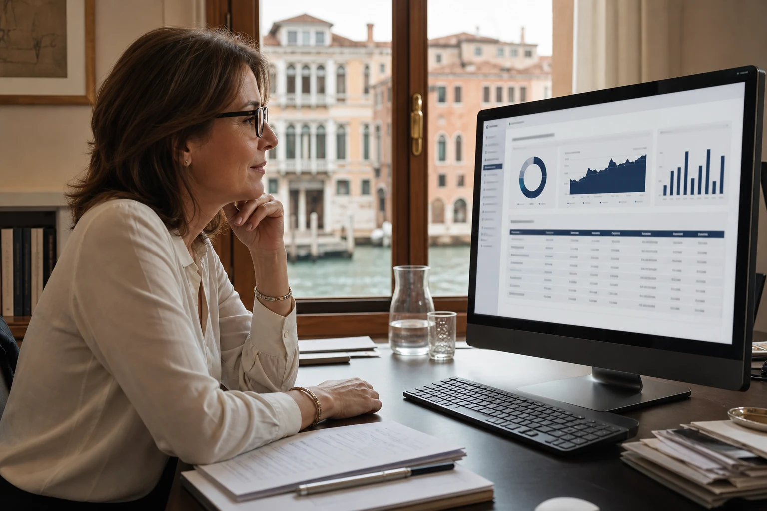 W-8BEN-E per gli investitori — una direttrice finanziaria di una piccola holding di investimento a Venezia consulta una dashboard di portafoglio del broker con una tabella dei pagamenti di dividendi su un monitor da scrivania