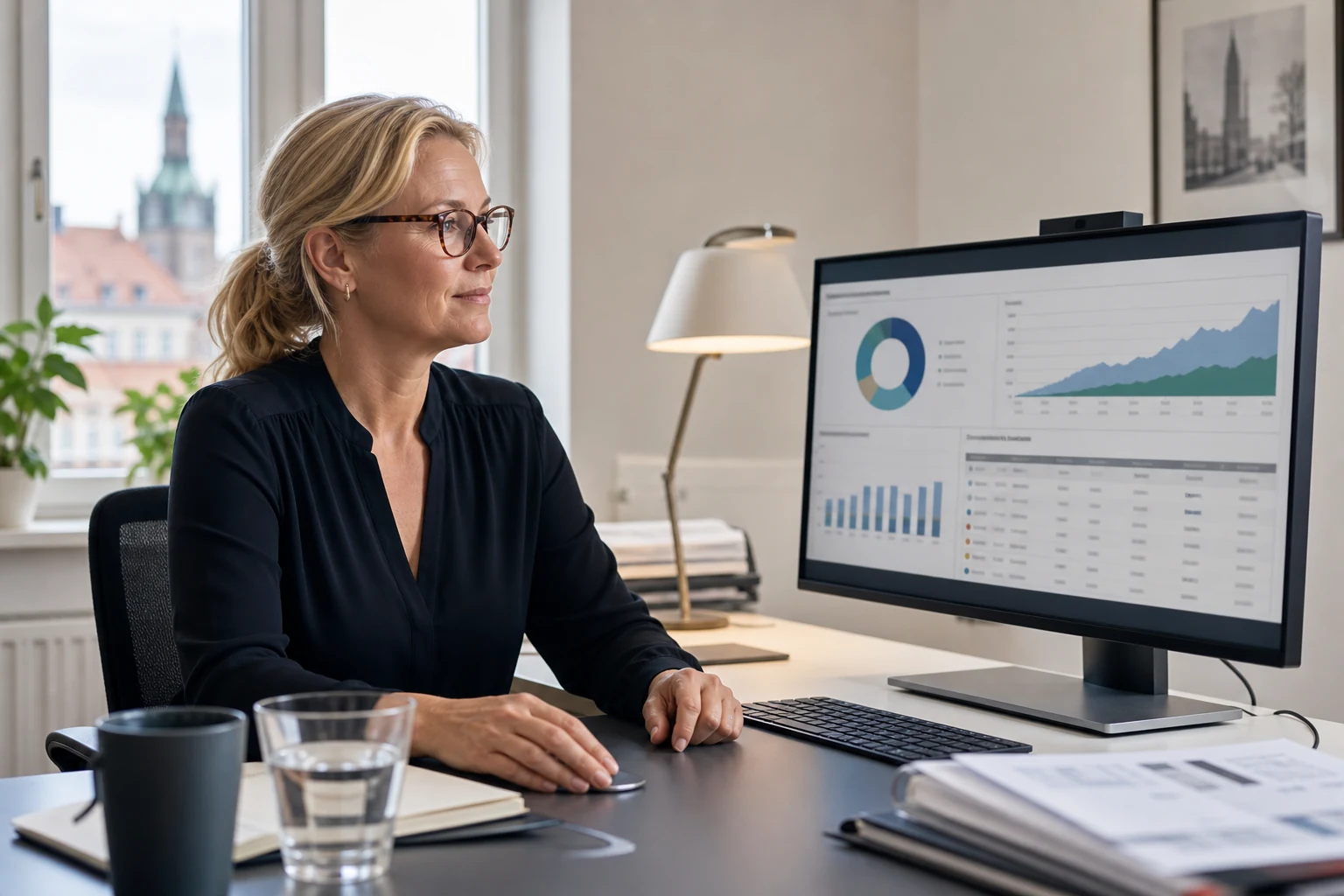 W-8BEN-E för investerare — en ekonomichef på ett litet investeringsholdingbolag i Lund granskar en mäklarportföljöversikt med en utdelningstabell på en bordsskärm
