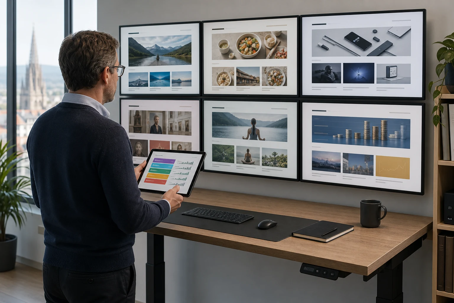 W-8BEN für Google AdSense — ein Laptop auf einem Café-Tisch im Freien zeigt ein farbiges Analyse-Dashboard für Werbeeinnahmen, die Kölner Skyline verschwommen im Hintergrund