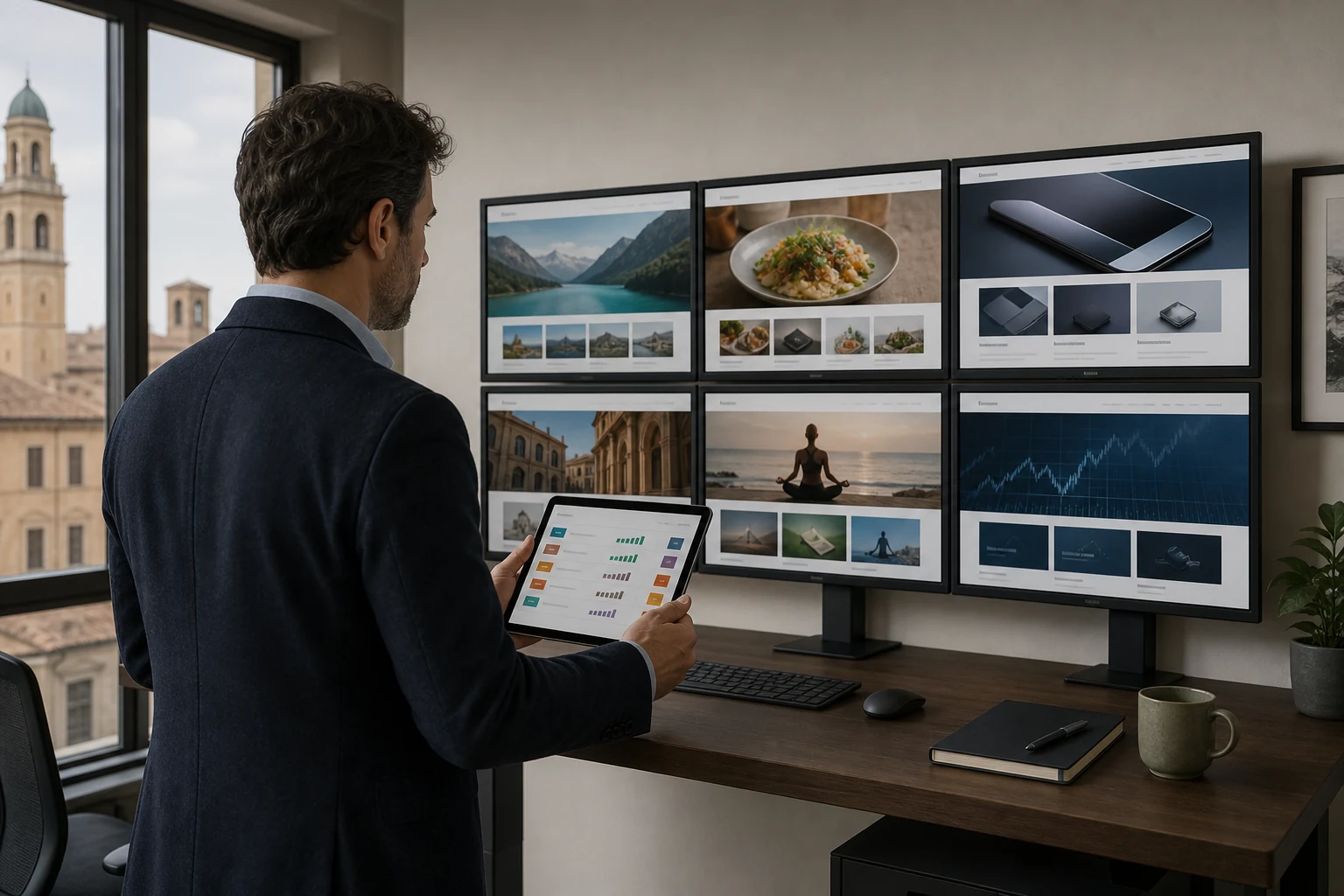W-8BEN per Google AdSense — un laptop su un tavolino di un bar all'aperto mostra una dashboard colorata dei ricavi pubblicitari, lo skyline di Firenze sfocato sullo sfondo