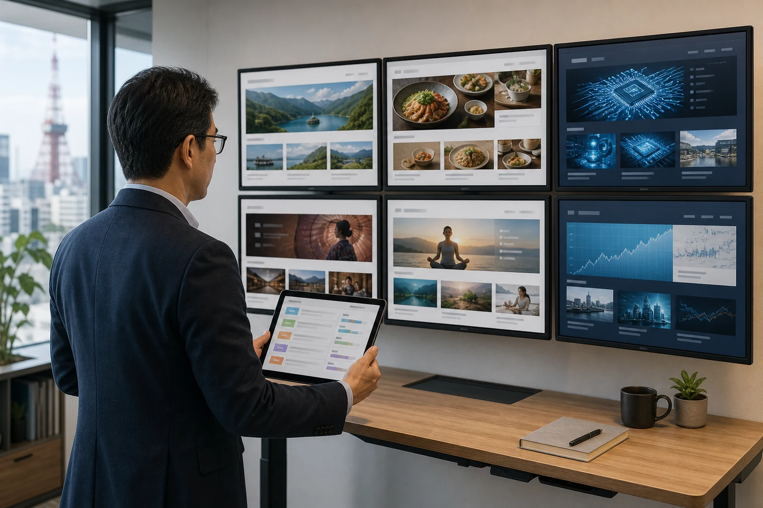Google AdSense向けW-8BEN — 屋外カフェのテーブルに置かれたノートパソコンにカラフルな広告収益分析ダッシュボードが表示され、背景に大阪の街並みがぼやけて見える