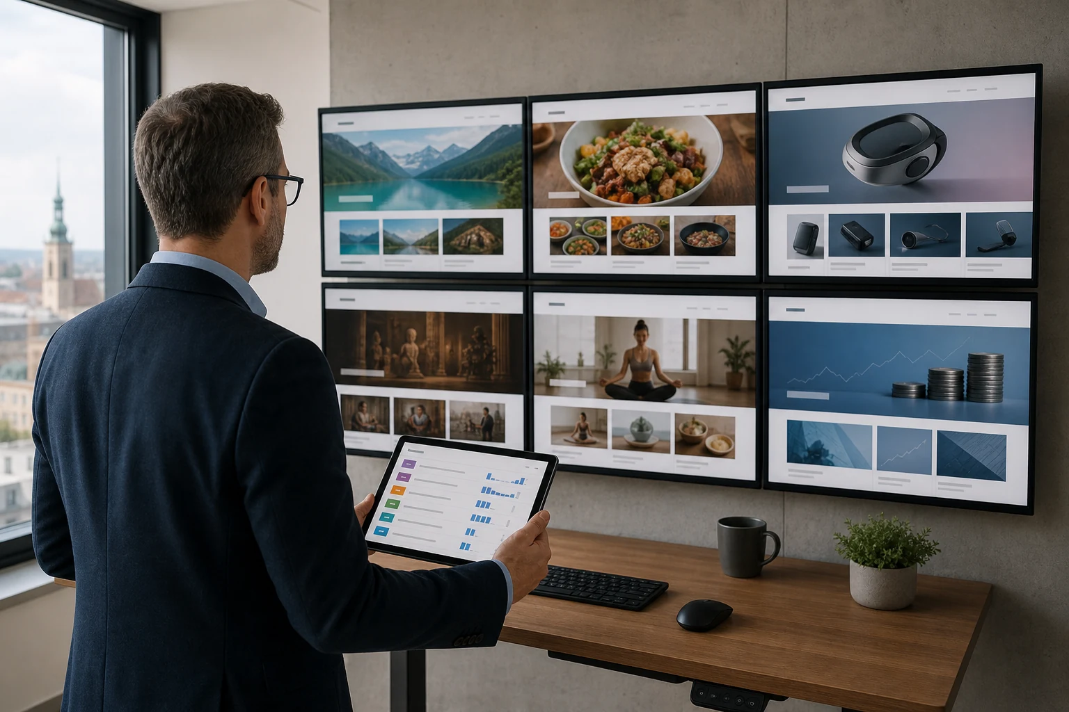 W-8BEN dla Google AdSense — laptop na stoliku kawiarnianego tarasu pokazuje kolorowy panel analityczny przychodów reklamowych, w tle rozmyta panorama Krakowa