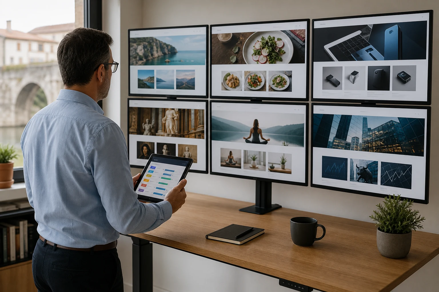 W-8BEN para o Google AdSense — um portátil numa mesa de esplanada mostra um painel colorido de análise de receitas publicitárias, o horizonte do Porto desfocado ao fundo