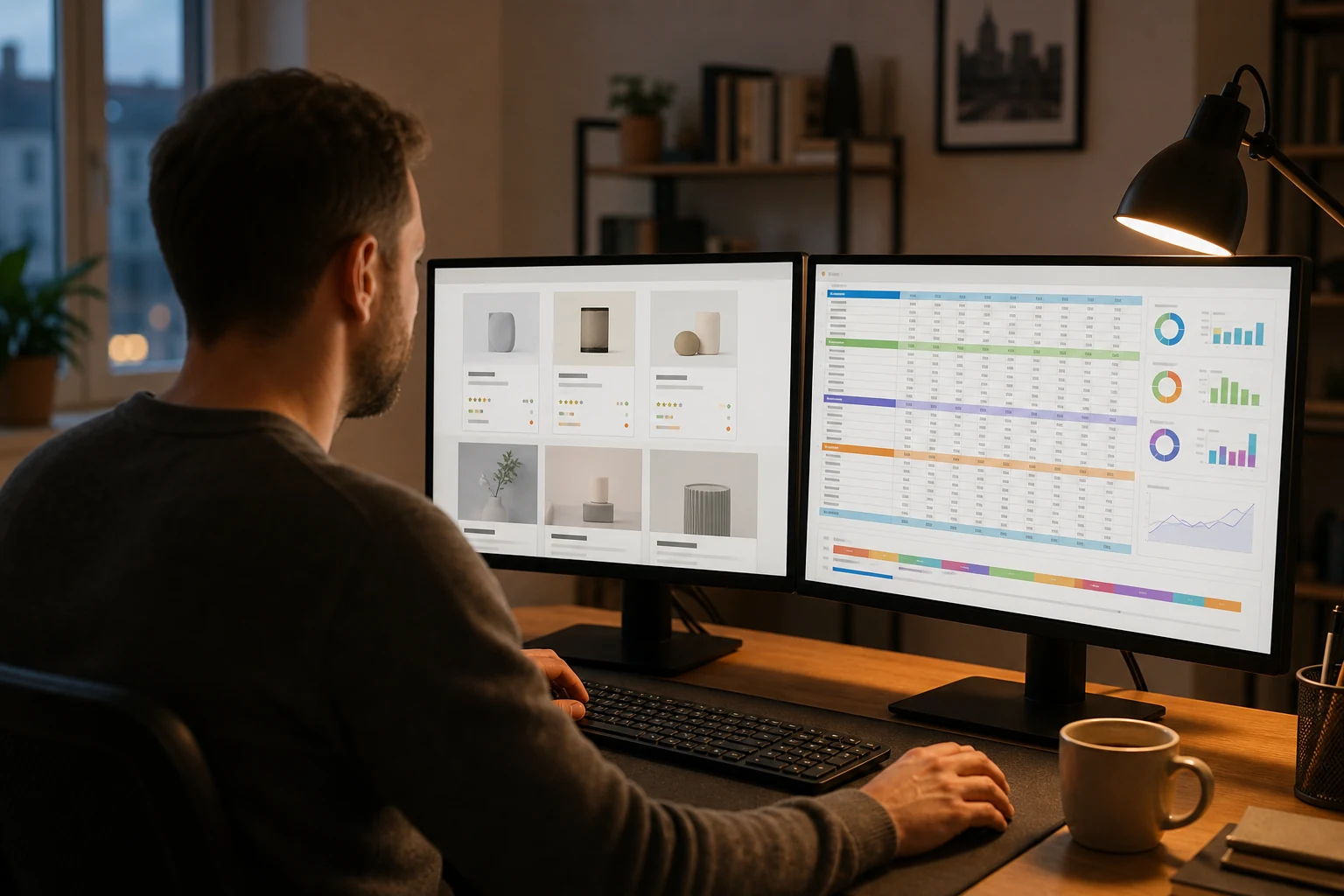 W-8BEN für Affiliate-Marketer — eine Person an einem Homeoffice-Schreibtisch in Mannheim mit zwei Monitoren, links ein Produktvergleichs- und Rezensions-Blog, rechts eine Tabelle mit Provisionssummen, farblich nach Affiliate-Netzwerk sortiert, warmes Licht einer Schreibtischlampe, eine Kaffeetasse in der Nähe
